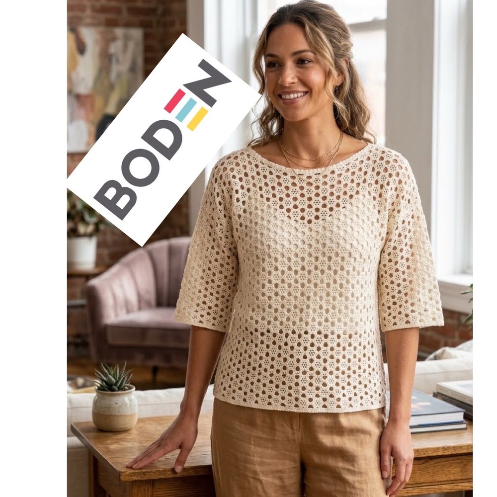 Boden Ivory Floral Crochet Knitβ Cotton Top Boat Neck 3/4 Sleeve Cream Medium